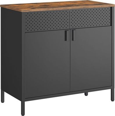 une armoire noire avec un plateau en bois et deux portes