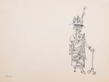 le dessin d'une femme en robe et chapeau, avec une canne