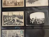 several old black and white photos of boats and people in a harbor