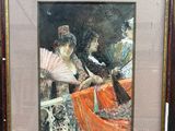 tableau représentant trois femmes assises sur un banc, avec des éventails devant elles