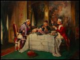 painting of a group of people sitting around a table eating food