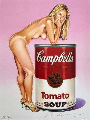 tableau représentant une femme appuyée sur une boîte de soupe à la tomate