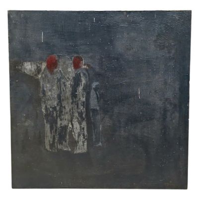 une image représentant un tableau où l'on voit deux personnes debout devant un fond sombre