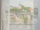un tableau représentant une vue d'une ville depuis une fenêtre