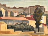 une peinture à l'huile représentant un château sur une colline avec des arbres au premier plan