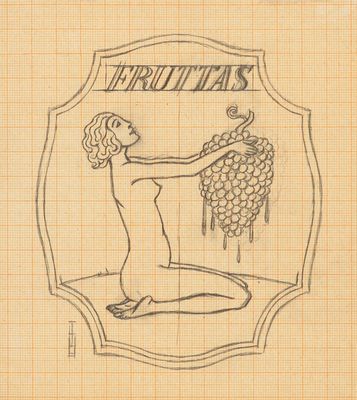 un dessin représentant une femme assise par terre, tenant des raisins dans ses mains