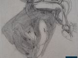 pencil drawing of a woman sitting on a chair with her legs crossed