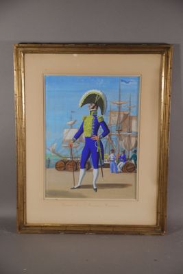tableau représentant un homme vêtu d'un costume bleu et jaune, tenant une canne