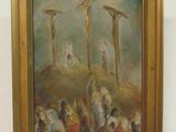 un tableau représentant Jésus sur la croix, accroché au mur