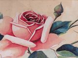 a painting of a pink rose with green leaves on it