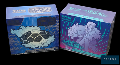 they are two boxes of pokemon trading cards on a black background