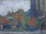 painting of a painting of a church with a clock tower in the background