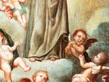 an image of a painting of a saint surrounded by angels and cherensils