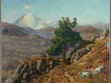 an image of a painting of a mountain scene with sheep and a tree