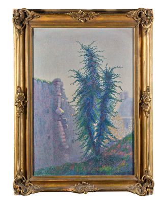 une image représentant un tableau d'un pin devant une montagne