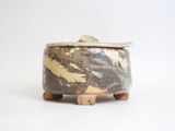a small pot with a lid sitting on a wooden stand