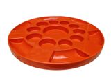 a close up of an orange plastic plate on a white background