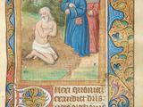 an old book with a painting of a man kneeling down next to a woman