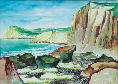 une peinture représentant une peinture d'une plage avec une falaise en arrière-plan