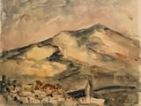a watercolor painting of a mountain with a house in the foreground