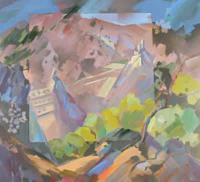 an oil painting of a woman sitting on a rock with a parasol