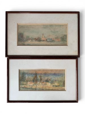two framed paintings of a landscape with a church in the distance and trees in the foreground