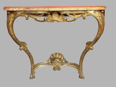 a small table with a marble top on a gray background