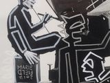 a black and white painting of a man with a computer on his head