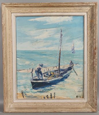 une peinture à l'huile représentant un bateau sur une plage, avec des personnes sur le rivage