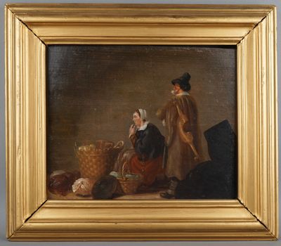 an oil painting of a man and a woman sitting in front of a basket of fruit