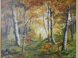 a painting of a path through a forest with trees and leaves