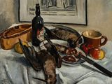 une peinture représentant une nature morte avec une bouteille de vin et une assiette de nourriture