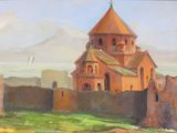 une peinture à l'huile représentant une église avec un clocher au sommet d'une colline