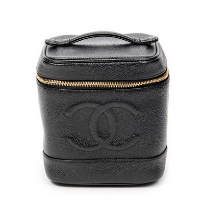 a close up of a black leather case with a logo on it