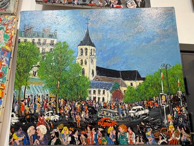 tableau représentant une foule de personnes marchant dans une rue devant une église