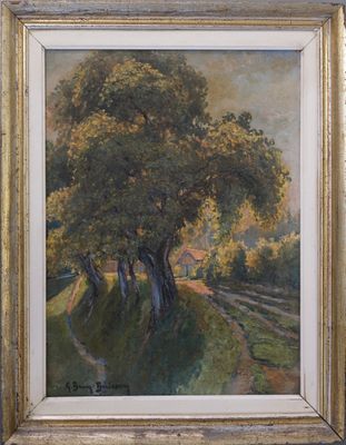 an oil painting of trees in a field with a dirt path
