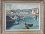 a painting of a harbor scene with boats in the water