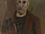 une peinture à l'huile représentant un homme vêtu d'une veste marron et d'une chemise noire