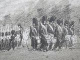 drawing of a group of people standing in a line in front of a mountain