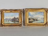 deux tableaux représentant des bateaux sur l'eau et un pont au loin