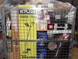 a metal cart with many items in it in a warehouse