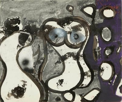 une peinture en noir et blanc représentant une femme et une guitare