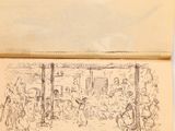 an old book with a drawing of a group of people on it