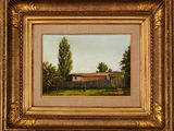 an oil painting of a farm scene with a barn in the background