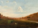 un tableau représentant des vaches paissant dans un champ au bord d'une rivière