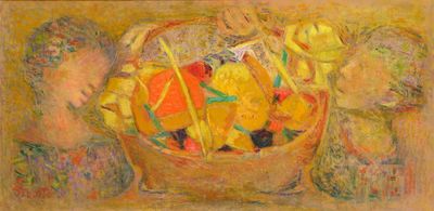 une peinture à l'huile représentant un panier de fruits posé sur une table