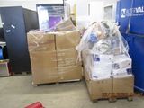 a blue refrigerator and a stack of boxes in a room