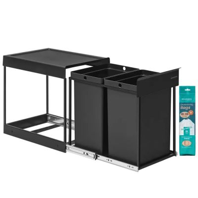 a black trash can with two bins and a cleaning cloth