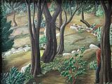 a painting of a man standing in the woods