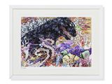 a painting of a black dog sitting on top of a pile of flowers
